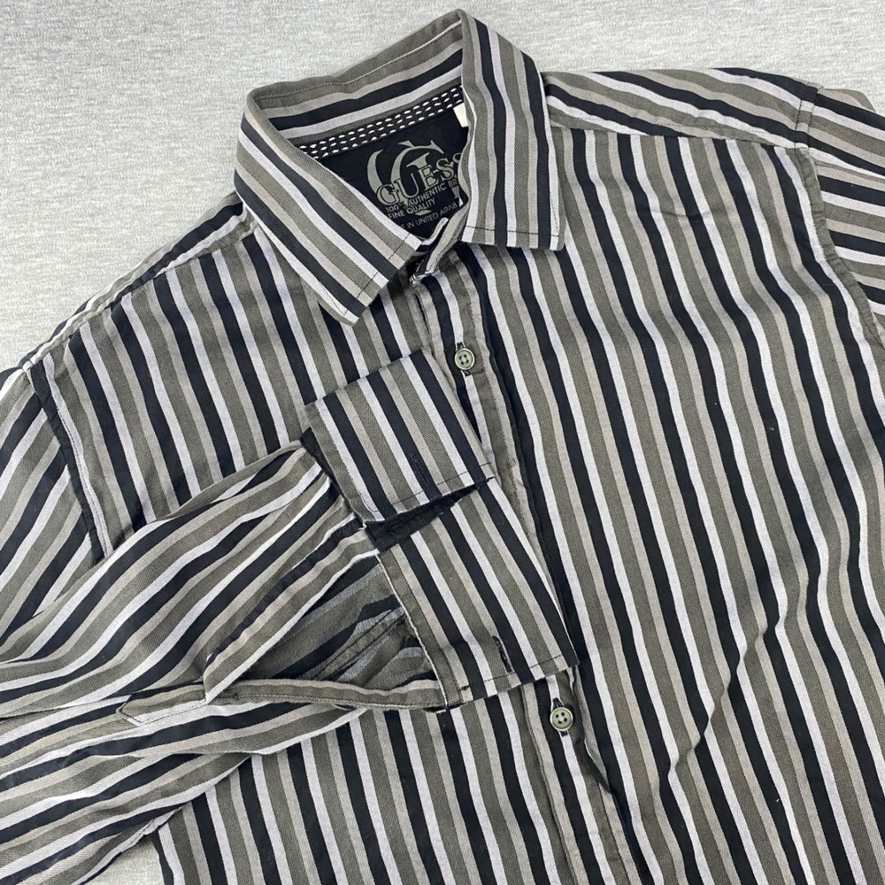 GUESS Mens Embroidered Gray Black Striped Button‎ Down Shirt French Cuff Size M